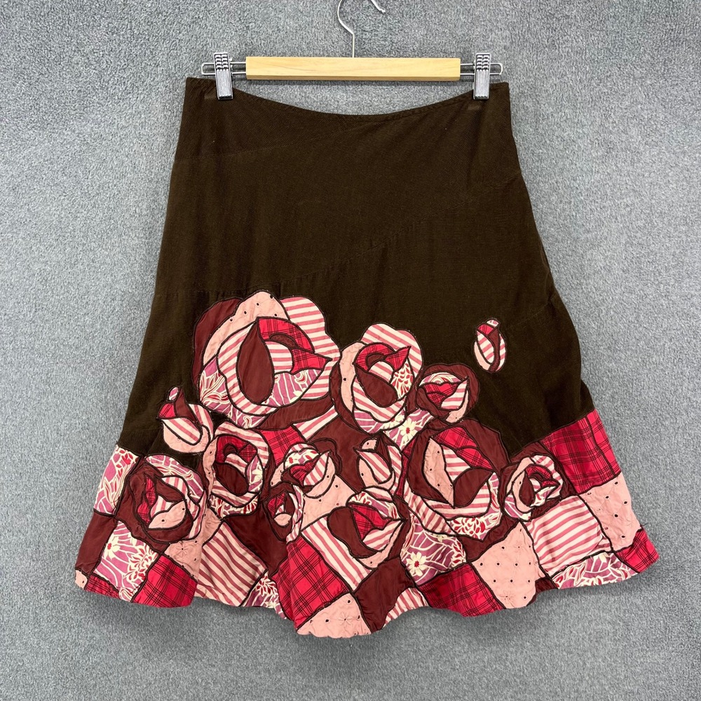 Odille Anthropologie Skirt Womens 8 Brown Corduroy Patchwork Floral Silk Trim
